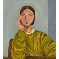 Painting of a person wearing a green sweater sitting at a table.
