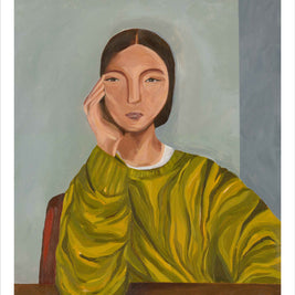Painting of a person wearing a green sweater sitting at a table.