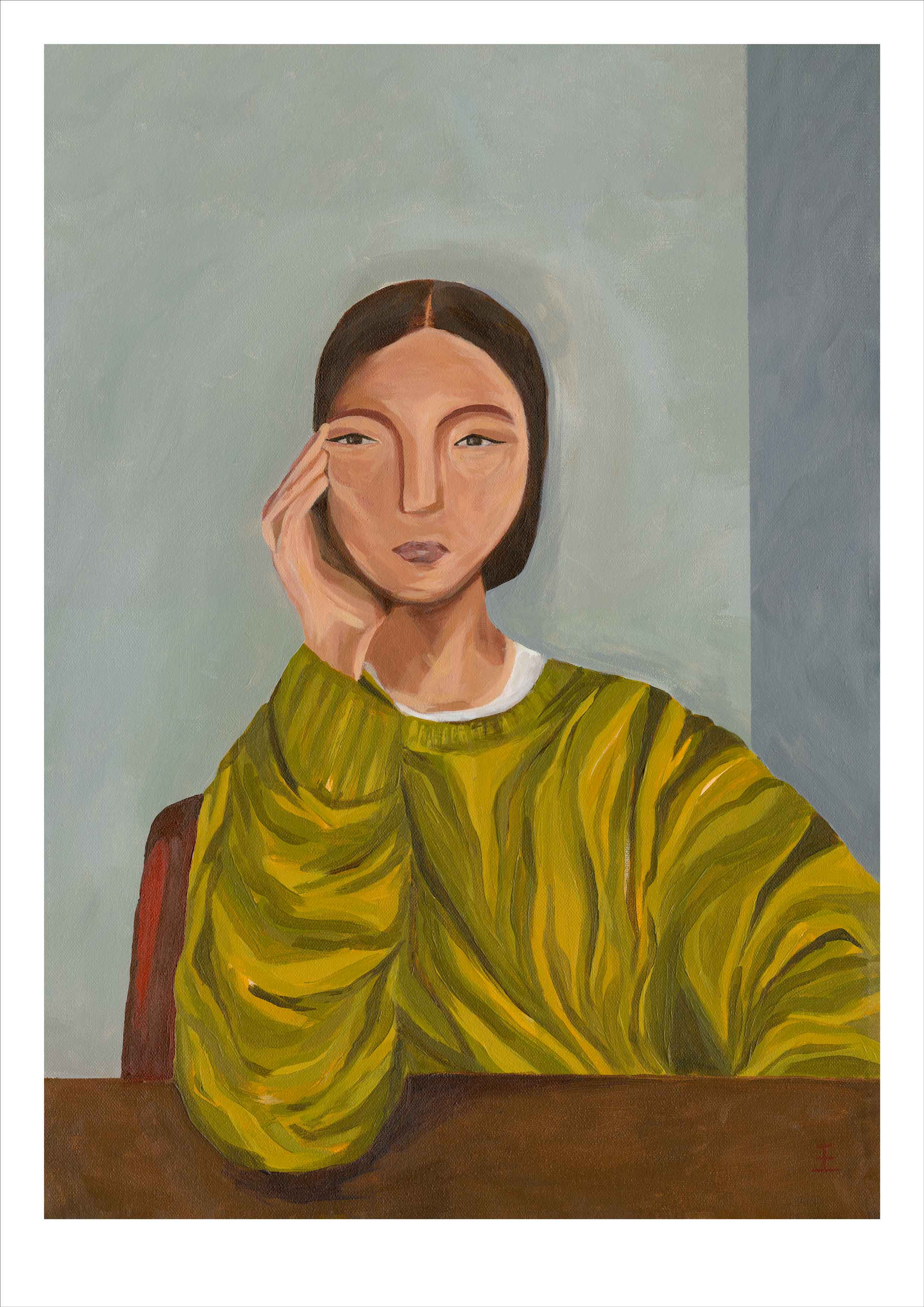 Painting of a person wearing a green sweater sitting at a table.