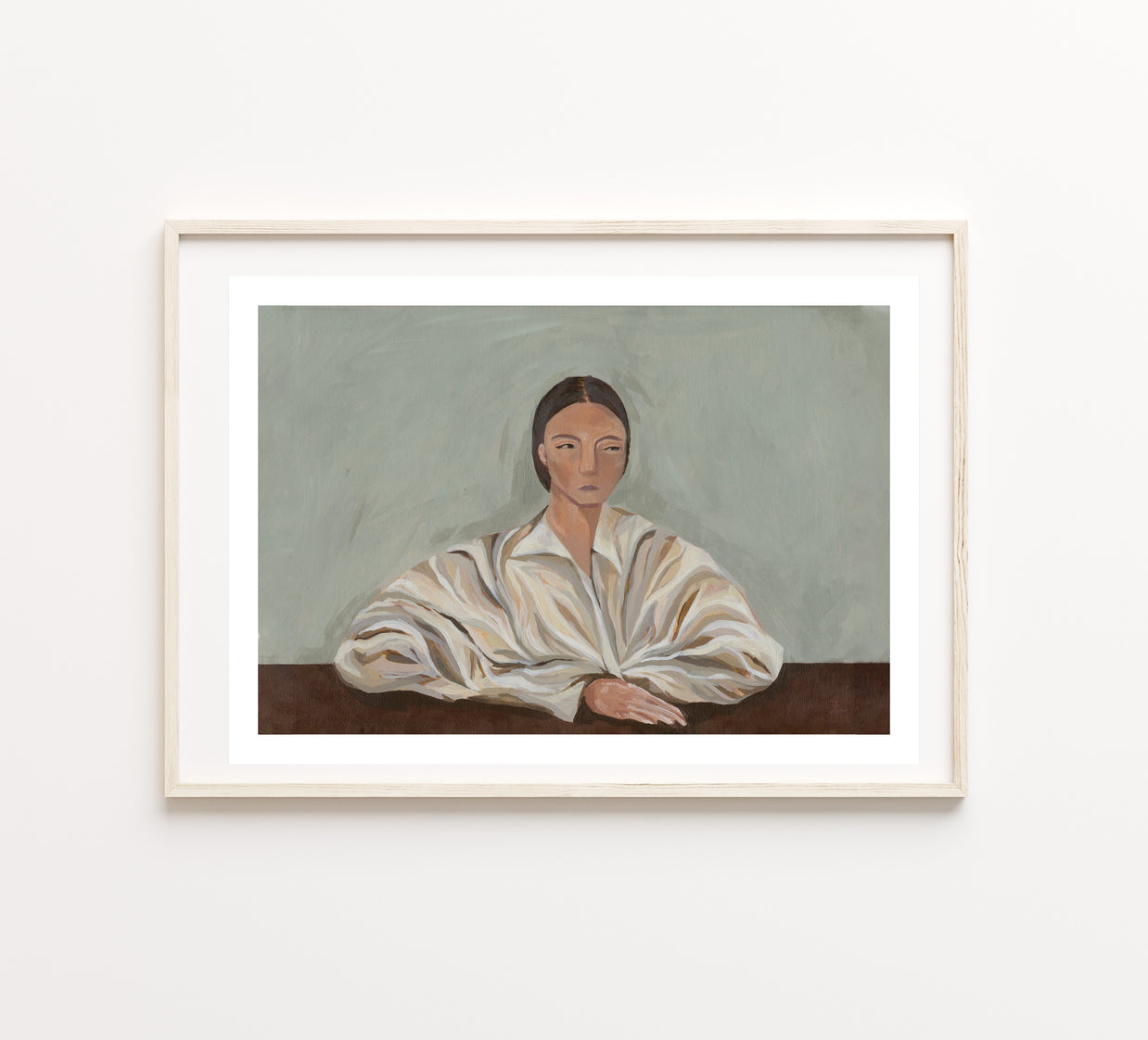 Framed painting of a woman in a white shirt on a light blue /grey background